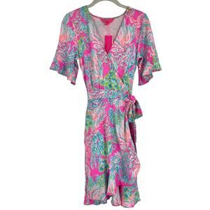Lilly Pulitzer Isella Wrap Dress Prosecco Pink Seaing Things Women's XS NEW